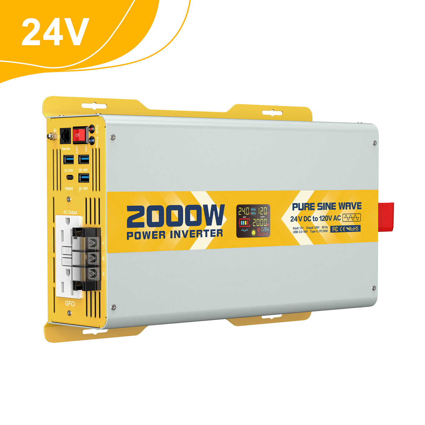 2000 watt 24V Pure Sine Wave Power Inverter with GFCI & Remote