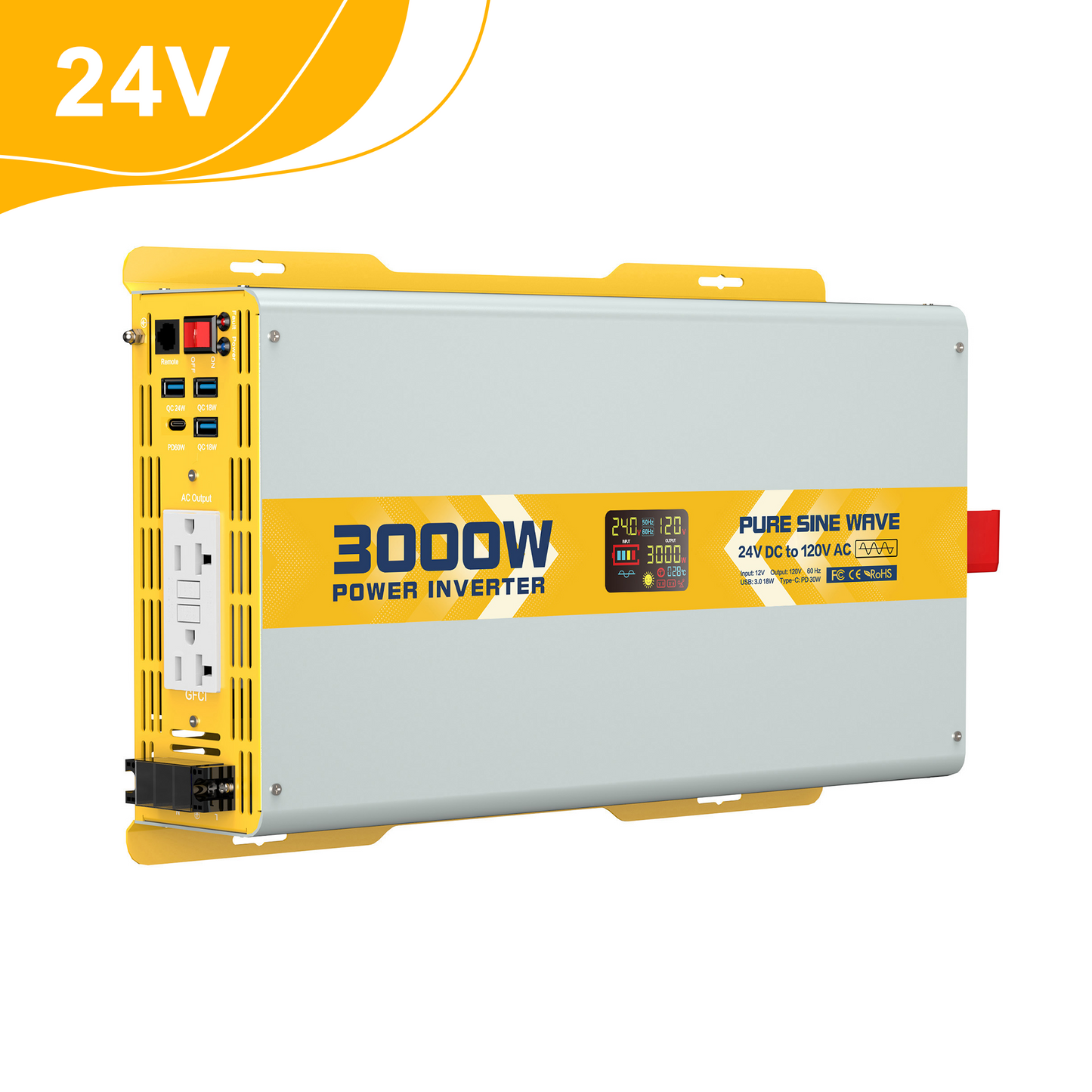 3000 watt 24V Pure Sine Wave Power Inverter with GFCI & Remote