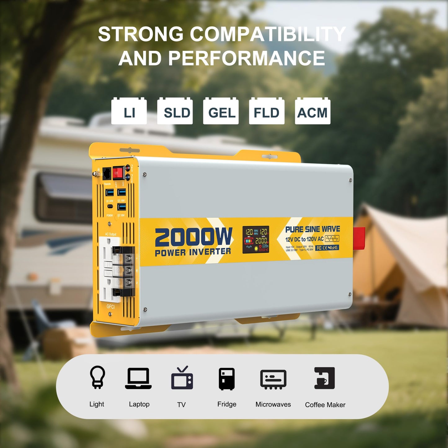 2000 watt 12V Pure Sine Wave Power Inverter with GFCI & Remote