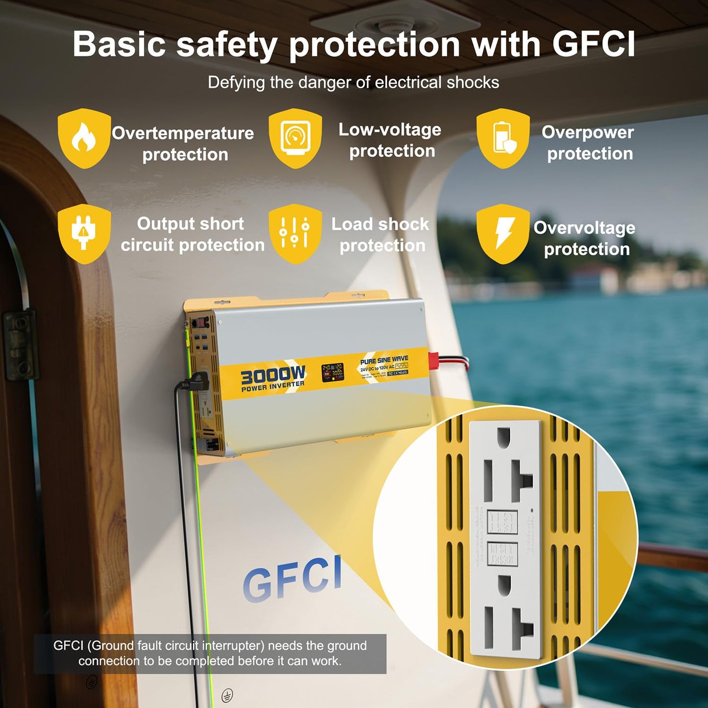 3000 watt 24V Pure Sine Wave Power Inverter with GFCI & Remote