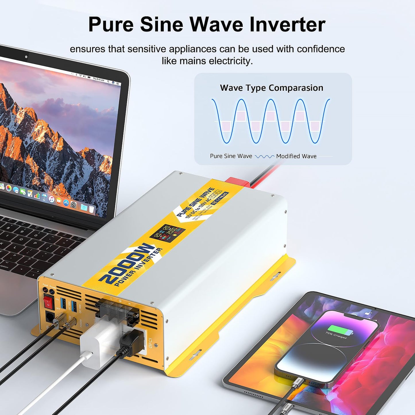2000 watt 12V Pure Sine Wave Power Inverter with GFCI & Remote