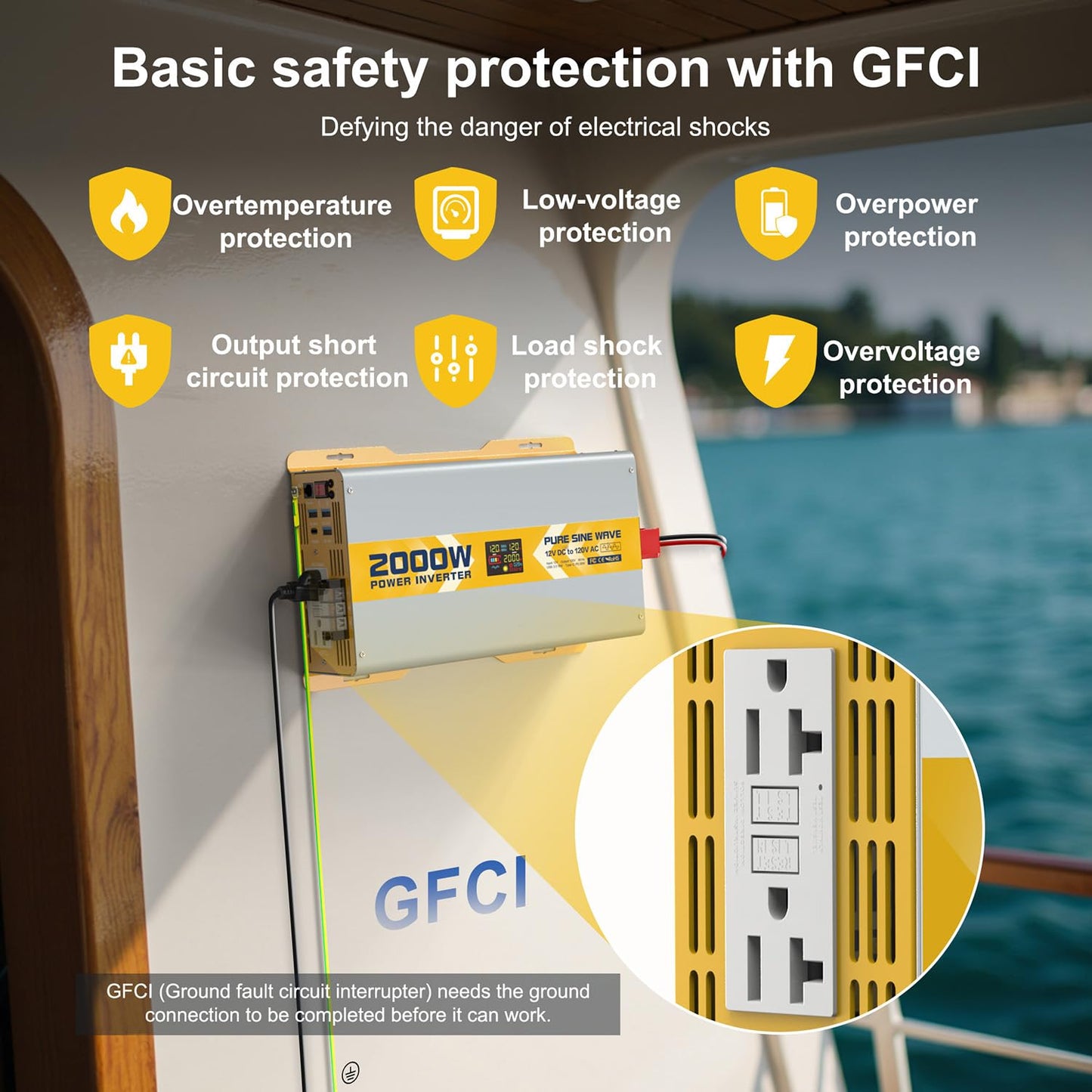 2000 watt 12V Pure Sine Wave Power Inverter with GFCI & Remote