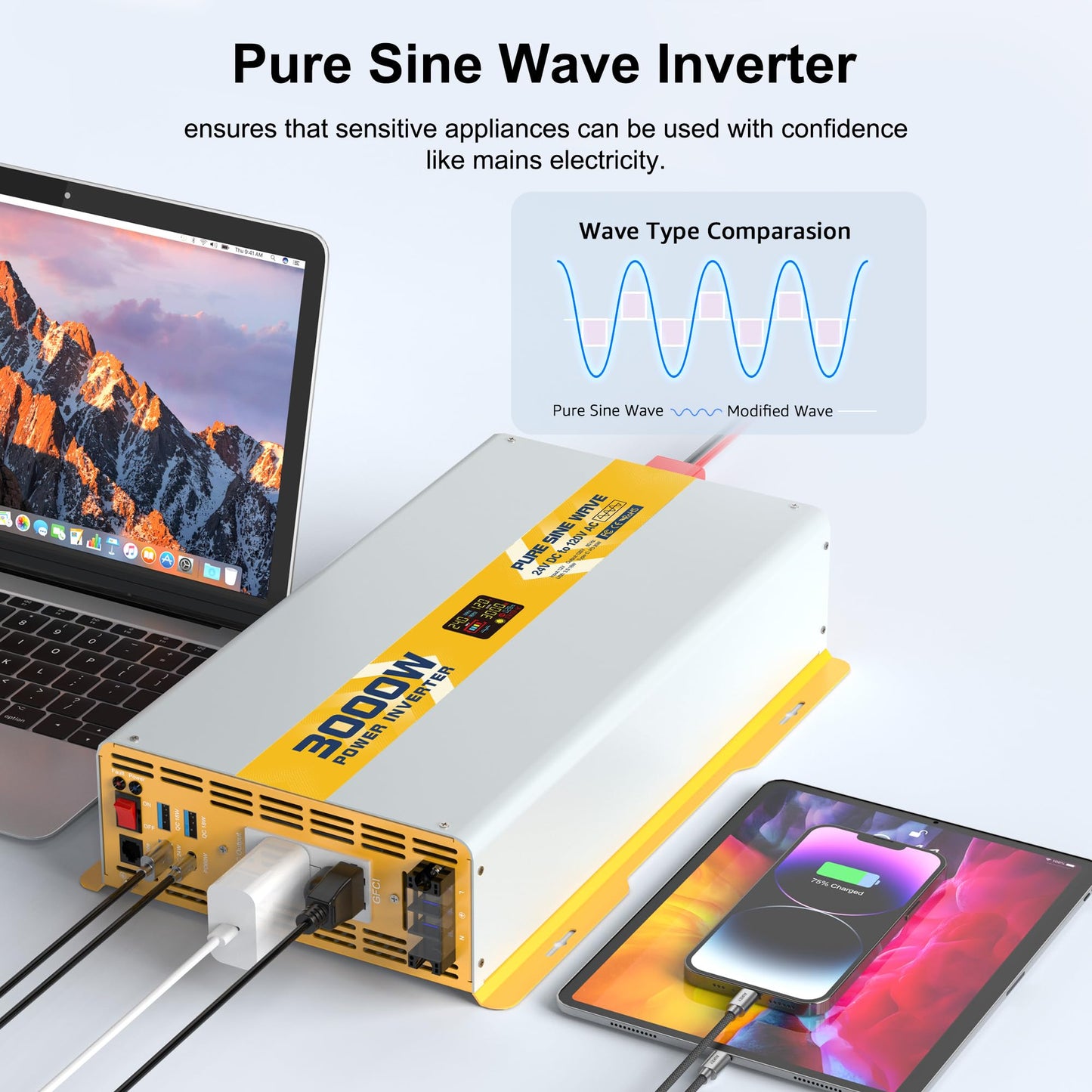3000 watt 24V Pure Sine Wave Power Inverter with GFCI & Remote