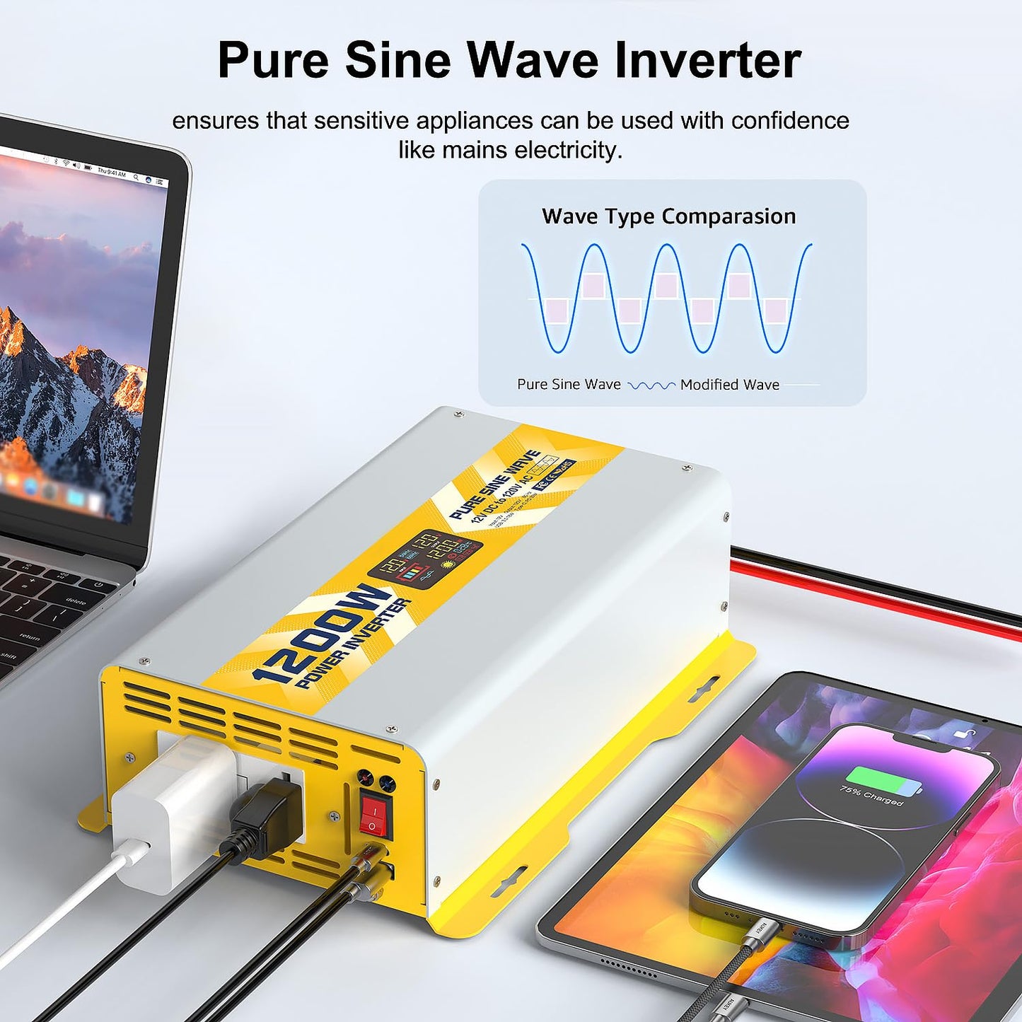 1200 watt 12V Pure Sine Wave Power Inverter with GFCI & Remote