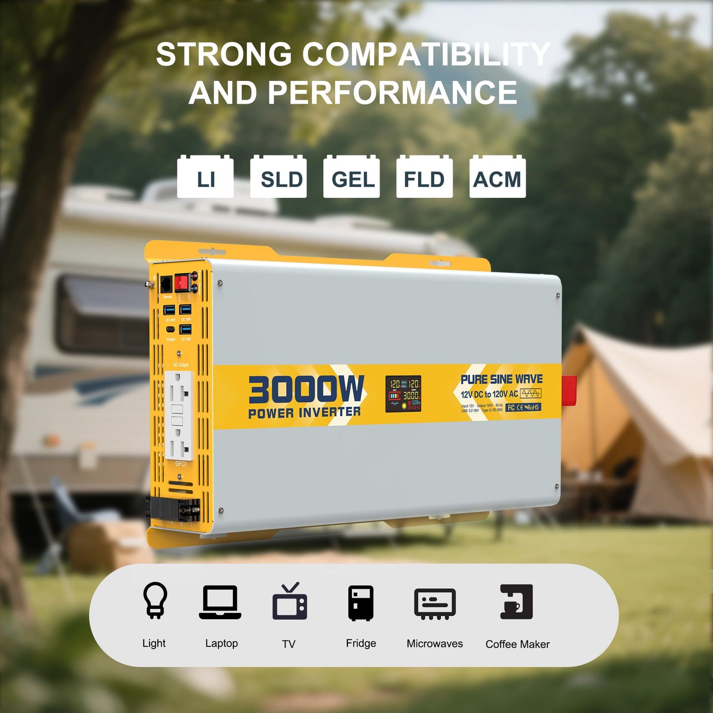 3000 watt 12V Pure Sine Wave Power Inverter with GFCI & Remote