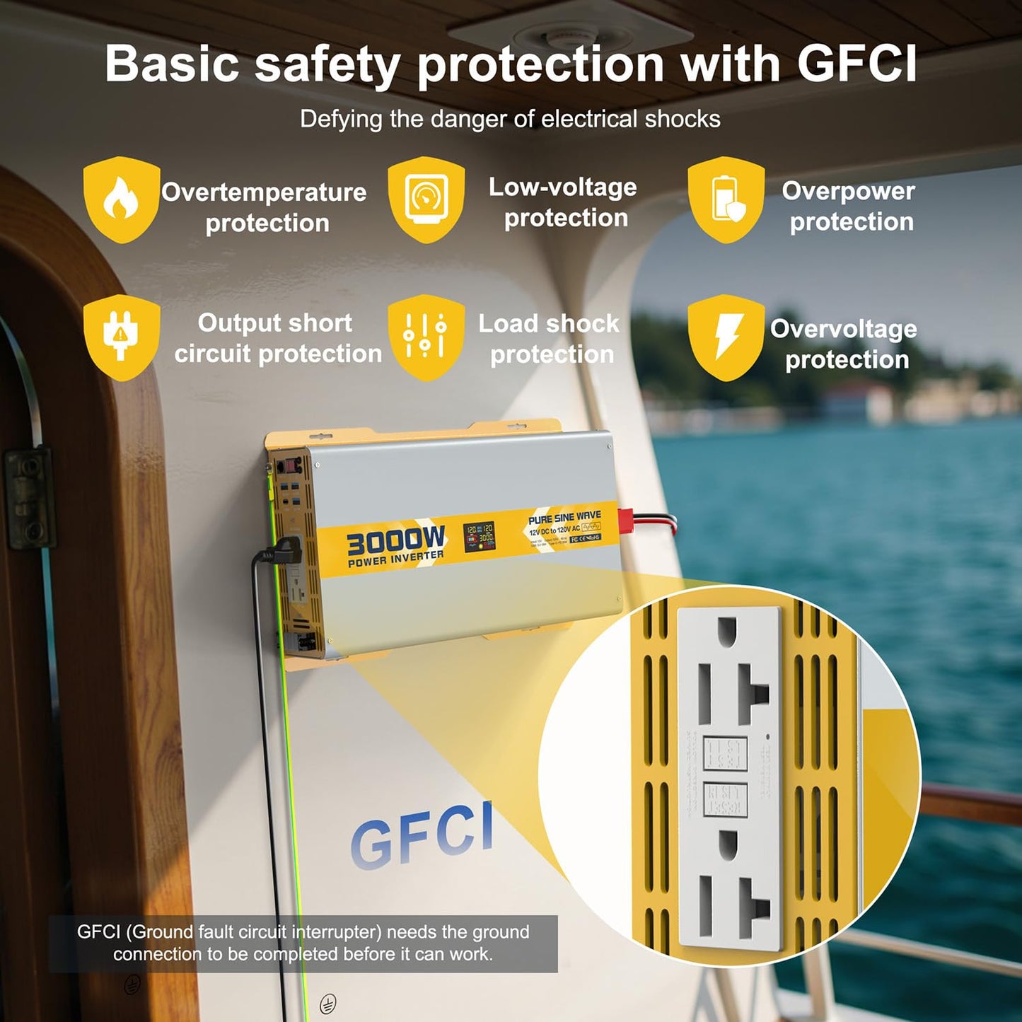 3000 watt 12V Pure Sine Wave Power Inverter with GFCI & Remote