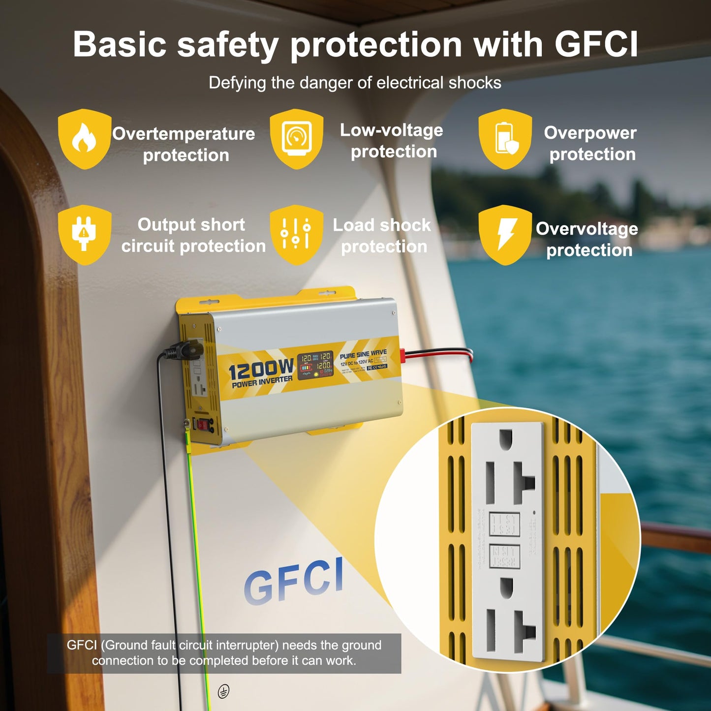 1200 watt 12V Pure Sine Wave Power Inverter with GFCI & Remote