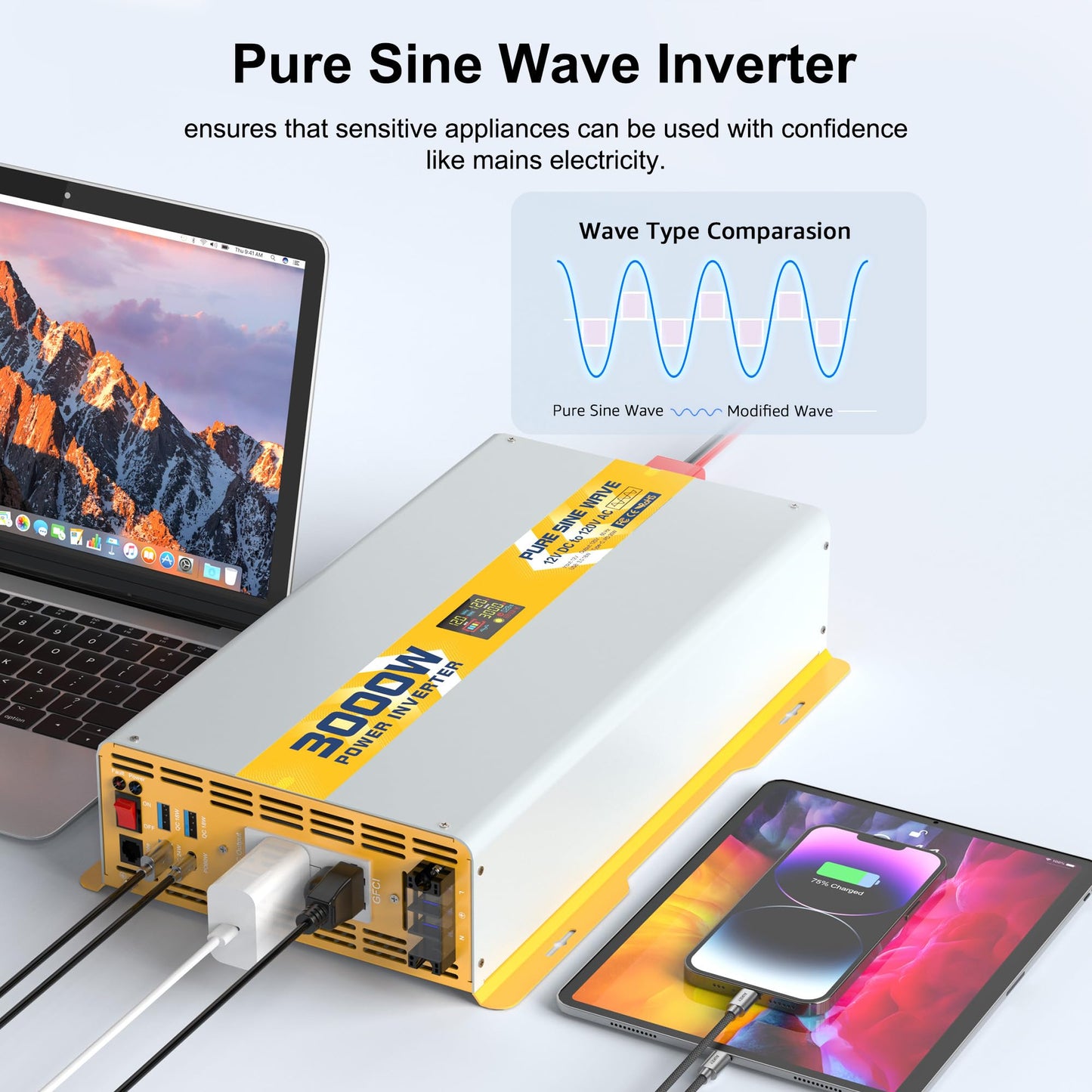 3000 watt 12V Pure Sine Wave Power Inverter with GFCI & Remote