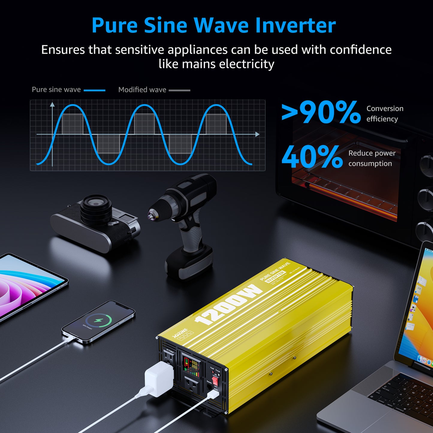 1200 watt 12V Pure Sine Wave Power Inverter with Remote